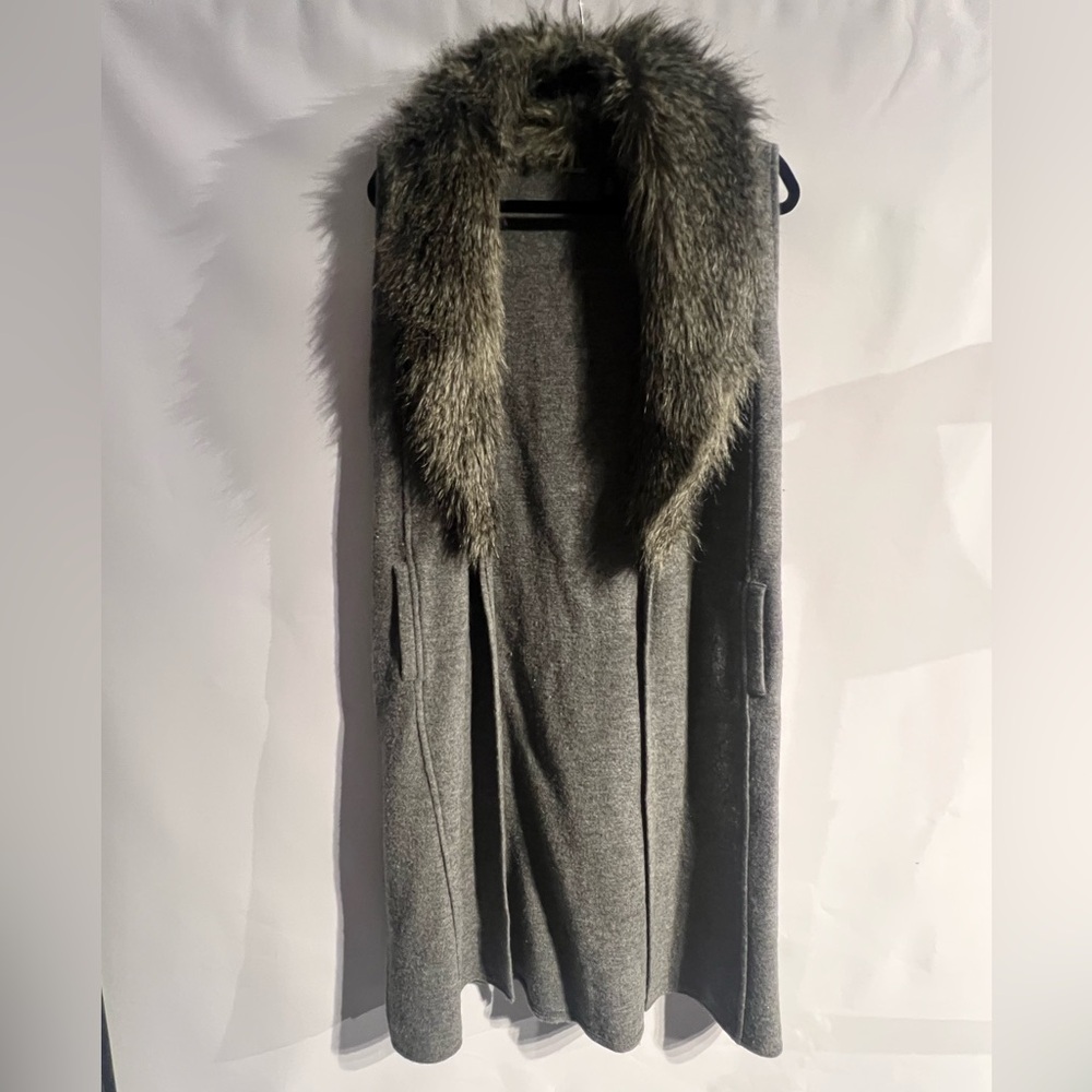 Chico's Charcoal Wool Blend Vest with Faux Fur